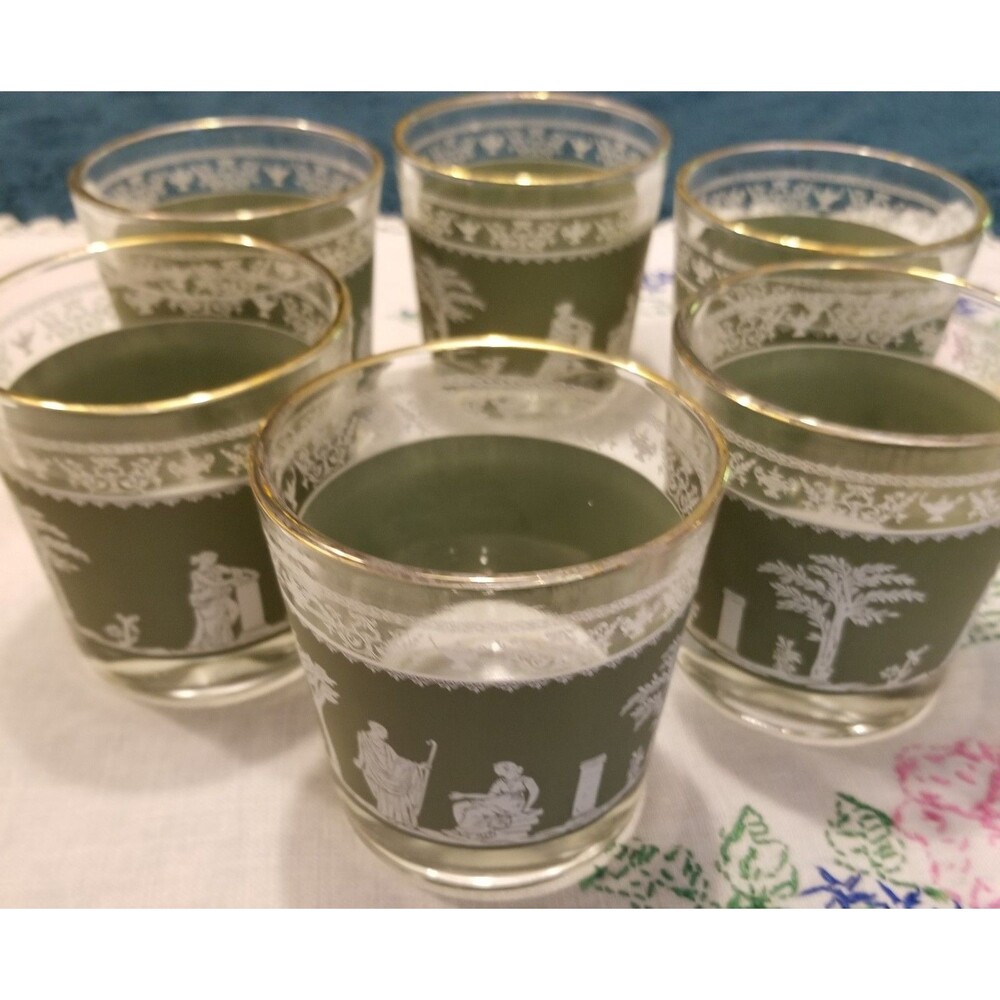 Vintage Jeannette Glass Green Hellenic Grecian Motif small glasses